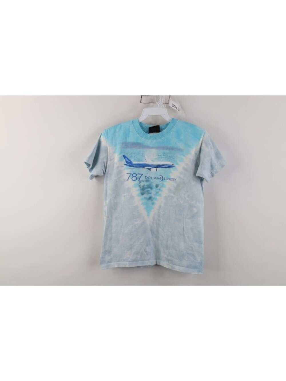 Vintage Y2K Liquid Blue Boys Medium Acid Wash Boeing 787 Dream Liner T-Shirt